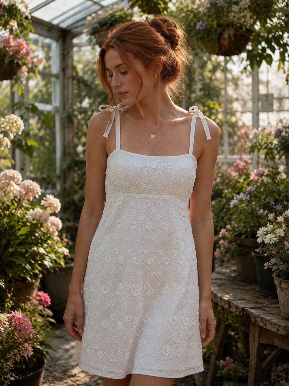 Audrey Park White Eyelet Embroidered Sundress Bow Strap Smocked Back L